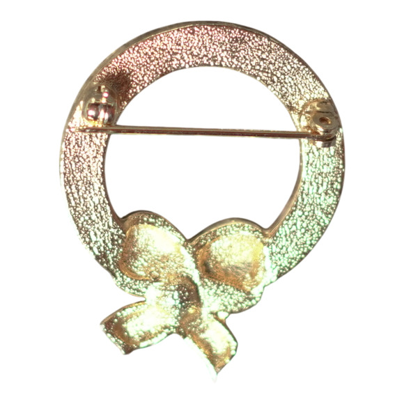 Gold Circle Brooch with Bow and Clear Rhinestones – Vintage 1" Holiday Jewelry - Picture 4 of 6